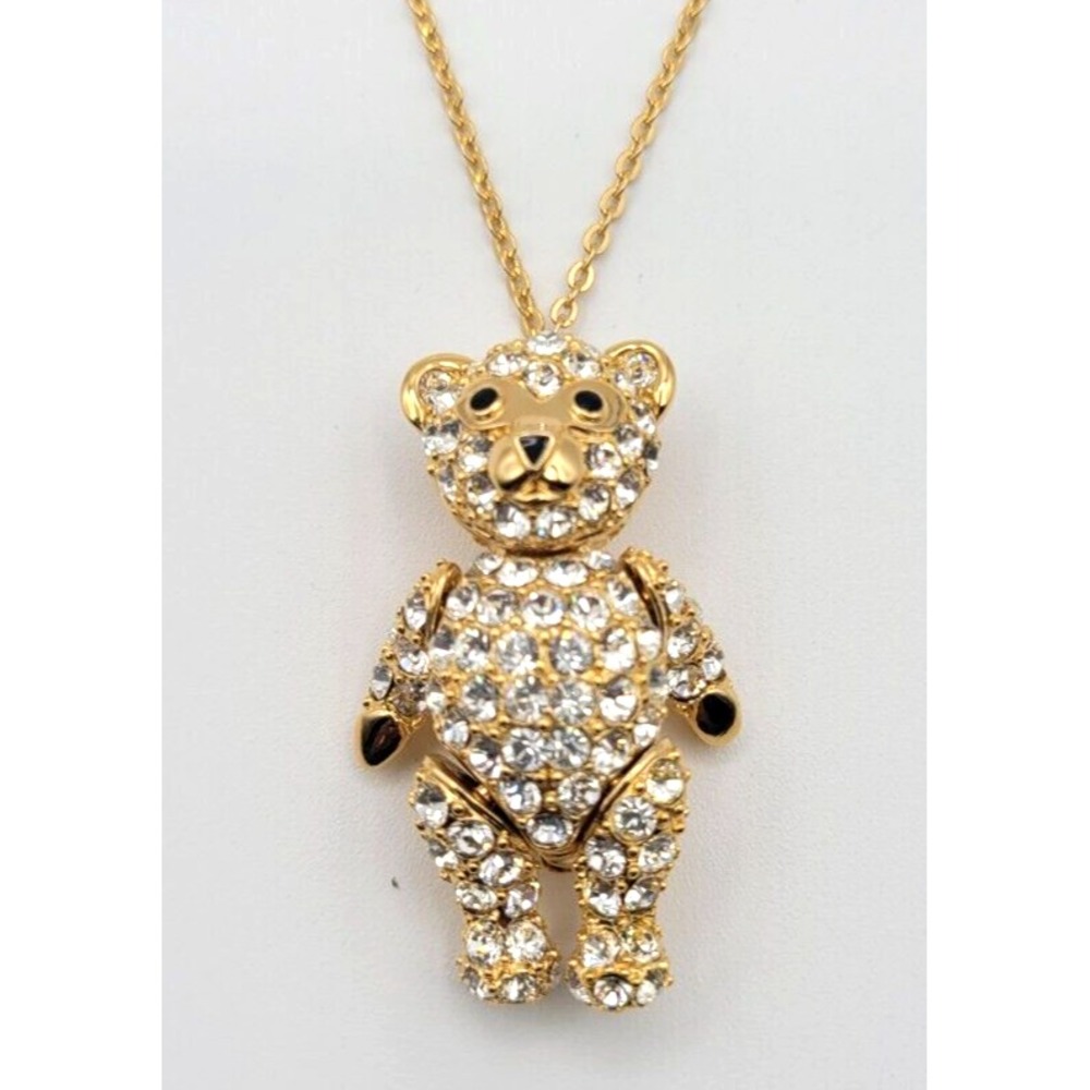 BOB MACKIE TEDDY BEAR PENDANT BROOCH‎ NECKLACE RHINESTONE MOVEABLE LIMBS SIGNED